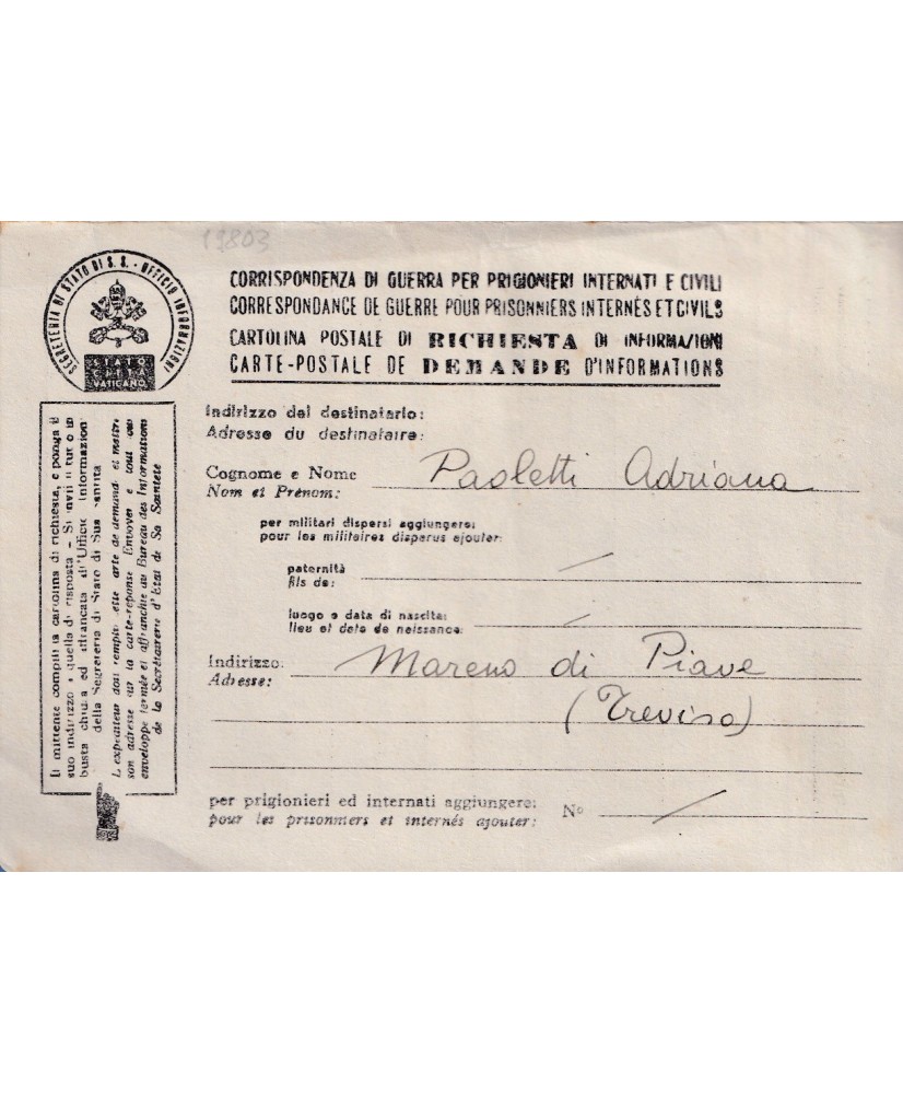 1944 Vaticano cartolina informazioni
